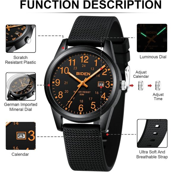 ⚡Black Orange11 Mens Watches Analog Quartz Sports Unisex Fashion Casual Designer - Picture 7 of 9
